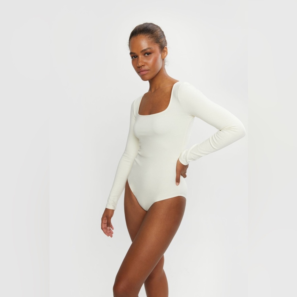 OAK + FORT Cream Long Sleeve Scoop Neck Bodysuit